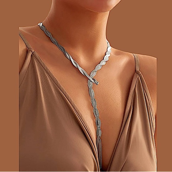 Y Lariat Sterling Silver Twisted Herringbone Statement Necklace Choker - Picture 1 of 5